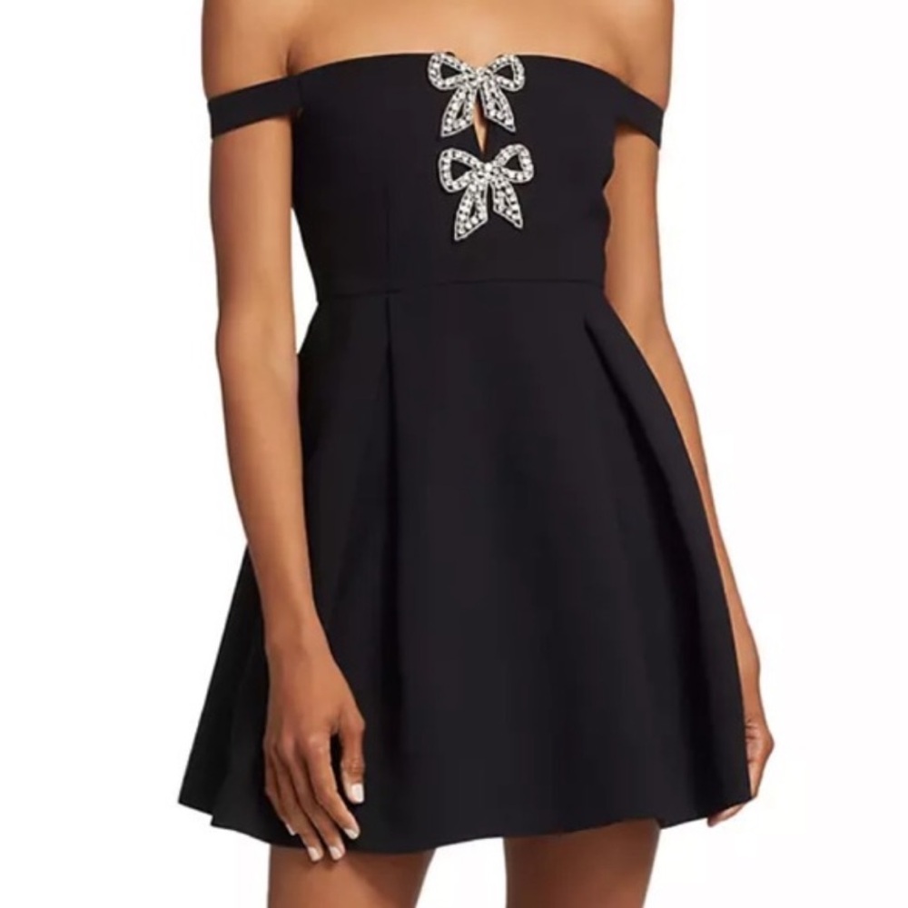 Self-Portrait Black Off-Shoulder Mini Dress with Crystal Bow Accents